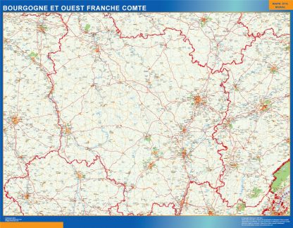 Mapa Bourgogne Franche Comte en Francia enmarcado plastificado 