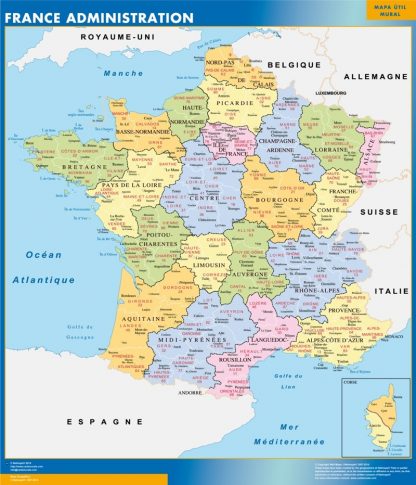 Mapa de Francia de departamentos enmarcado plastificado 